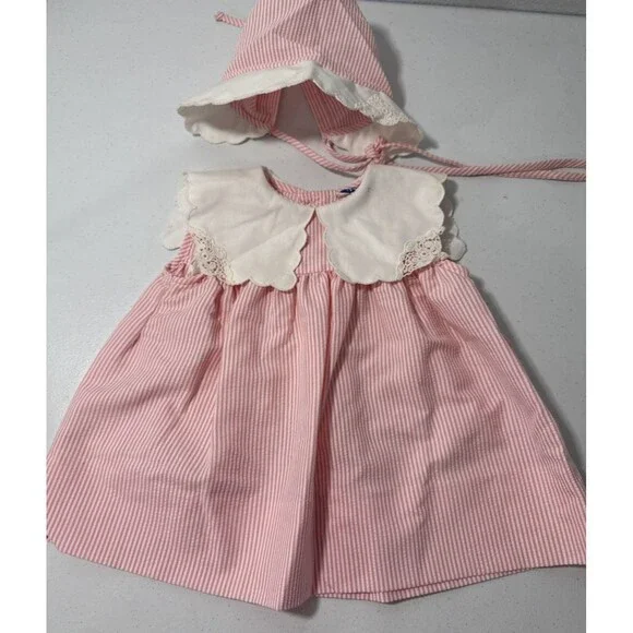 Vtg Fayette Dress Girls 18M Pink Seersucker Square Collar Set 3